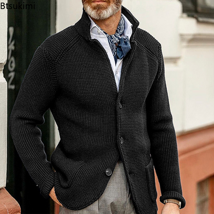 Thick Knitted Cardigan Suit with Standing Collar