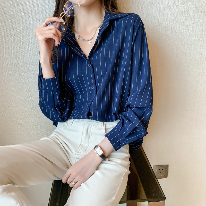 Simple Stripe Women's Chiffon Shirt for Office Fashion